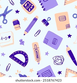 Cute school things, stationery seamless pattern. Office, school supplies repeat background. Notebook, pen, pencil, ruler, paper clip, glue, eraser, scissors, paper.