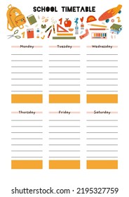 Cute school timetable for 6 days. Template with school stationery and art supplies, cartoon style. Printable A4 paper for bullet journal page. Trendy modern vector illustration, hand drawn, flat.