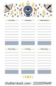 Horario escolar reducido para 6 días. Plantilla con objetos mágicos ocultos, brujería, estilo de dibujos animados. Papel A4 para la página del diario de viñetas. Ilustración vectorial moderna a la moda, dibujado a mano, diseño plano.