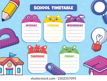 Lindo horario escolar, con colorida decoración de papelería de la escuela dibujada a mano
