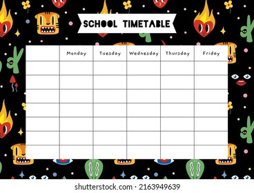 Cute school timetable with funny comic characters, abstract shapes and doodles, cartoon style. Trendy modern vector illustration, hand drawn, flat design. 
