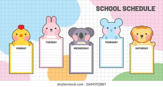 Cute school timetable for kids, kindergartens and elementary grades. Funny animals on weekly planner Monday to Friday