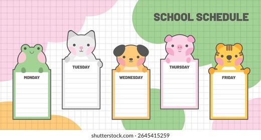 Cute school timetable for kids, kindergartens and elementary grades. Funny animals on weekly planner Monday to Friday