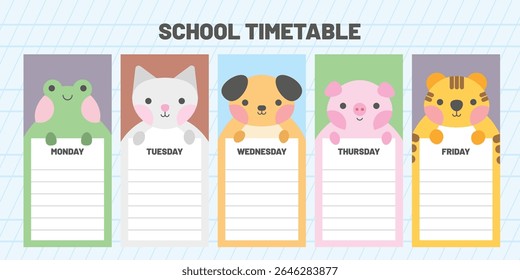 Cute school timetable for kids, kindergartens and elementary grades. Funny animals on weekly planner Monday to Friday