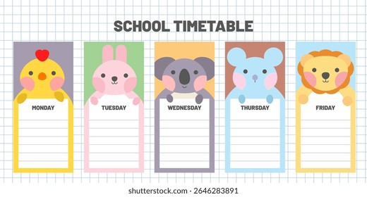 Cute school timetable for kids, kindergartens and elementary grades. Funny animals on weekly planner Monday to Friday