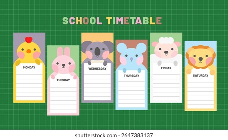 Cute school timetable for kids, kindergartens and elementary grades. Funny animals on weekly planner Monday to Saturday