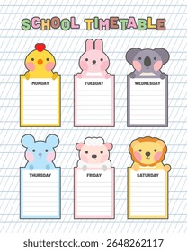 Cute school timetable for kids, kindergartens and elementary grades. Funny animals on weekly planner Monday to Saturday