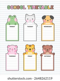 Cute school timetable for kids, kindergartens and elementary grades. Funny animals on weekly planner Monday to Saturday