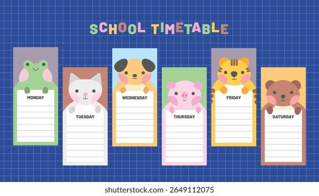 Cute school timetable for kids, kindergartens and elementary grades. Funny animals on weekly planner Monday to Saturday