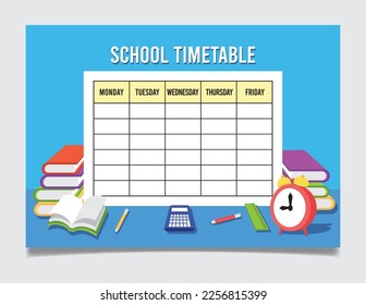 Cute school timetable or lesson schedule template 
with decorative alarm clock, book, pencil and more
