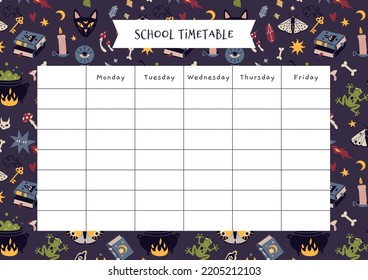 Cute School Timetable With Magic Occult Things, Cartoon Style. Witchcraft, Withcore Aesthetic. Happy Halloween. Lesson Schedule For 5 Days. Trendy Modern Vector Illustration, Hand Drawn, Flat Design.