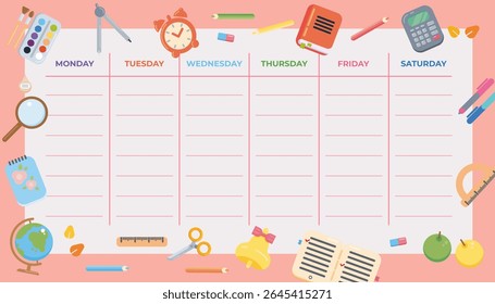 Calendário escolar bonito com estacionário em fundo rosa