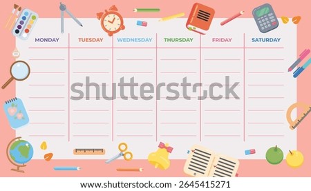Cute school timetable with stationary on pink background