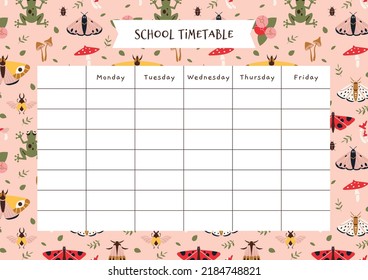 Horario escolar con ambiente de verano, polilla, setas, plantas, dibujos animados. Programa de clases para 5 días. Estética de Cottagecore. Ilustración vectorial moderna a la moda, dibujado a mano, diseño plano.