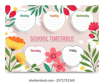 Cute School Timetable vector background with vibrant floral themed design