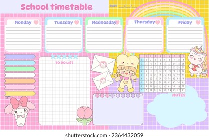 Horario de la Escuela Cute programación semanal nota recordatorio planer para el día con personaje de caricatura kawaii chica de color suave arcoiris rosa azul rosa coloreado con niña