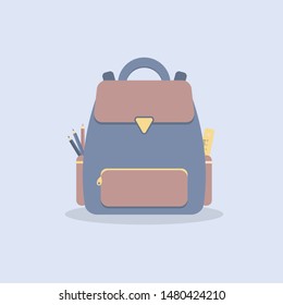 Cute school unisex backpack. Backpacks with school supplies, pencils,ruler. For education and study, back to school, schoolbag luggage, rucksack. Vector illustration