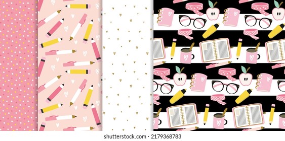 Cute school writing supplies seamless pattern and coordinating background set for the girls notebook cover. Pink, black and white design with planner, glasses, apple, washi tape roll, pen, pencil, mug