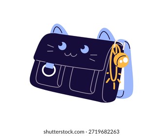 Bolsa de escola bonito com forma de gato. Bolsa de escola engraçada com bugiganga. Mochila de crianças com pingente. Mochila para livros didáticos. Mochila para livros. Ilustração de vetor isolado plano sobre fundo branco