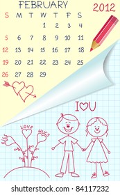 Cute schoolbook style monthly calendar for february 2012