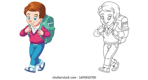 Cute schoolboy with backpack. Coloring page and colorful clipart character. Cartoon design for t shirt print, icon, logo, label, patch or sticker. Vector illustration.