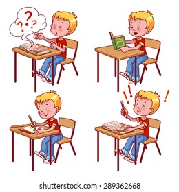 Cute schoolboy behind a school desk. Vector illustration on a white background.