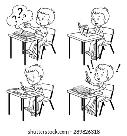 Cute schoolboy behind a school desk. Vector illustration on a white background. Outline
