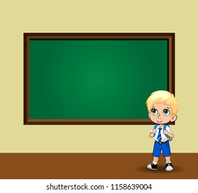 Cute schoolboy with big green anime eyes wearing uniform with backpack standing near blackboard with empty copy space for text on classroom background. Back to school vector cartoon character.