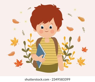 Cute schoolboy with books and an umbrella on the background of autumn leaves. Cartoon style. Autumn school print, vector	
