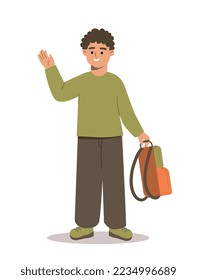 Cute schoolboy concept. Education, learning and training. Design element for greeting postcard. September 1, international day of knowledge. Holiday and festival. Cartoon flat vector illustration