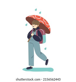 Cute schoolboy kid walking under umbrella in rainy weather with backpack to school. Happy kid in safe from rain with parasol. Children and rain concept. Cartoon flat vector illustration