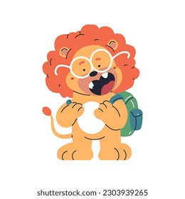 Cute schoolboy lion vector cartoon character isolated on a white background.