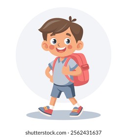 Cute schoolboy with school backpack going to school. Pupil character. Flat style illustration