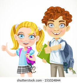 Cute schoolboy and schoolgirl ready to new school year