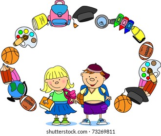 cute schoolboy and schoolgirl, School elements