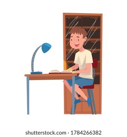 Cute Schoolboy Sitting at Desk and Reading Book, Boy Studying at Home, Homeschooling Cartoon Vector Illustration