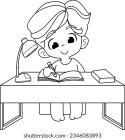 Cute schoolboy is sitting and doing his homework.vector illustration.
