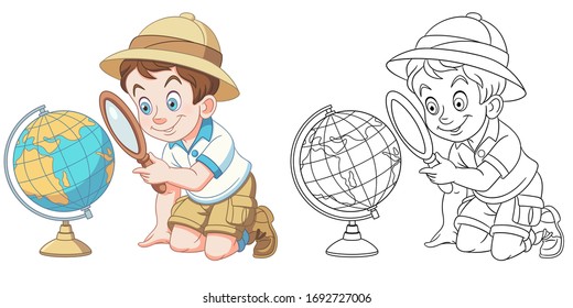 Cute schoolboy studying world globe. Coloring page and colorful clipart character. Cartoon design for t shirt print, icon, logo, label, patch or sticker. Vector illustration.