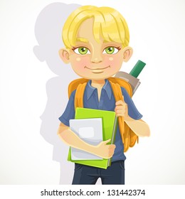 Cute schoolboy with textbooks and notebooks backpack