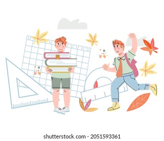 Cute  schoolboys against backdrop of school supplies and stationery. Back to school banner backdrop.  Schooling and kids education, flat cartoon vector illustration isolated on white background.