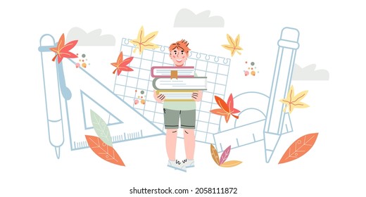 Escuelas pequeñas con fondo de material escolar y papelería. De vuelta al telón de fondo del cartel escolar. Educación escolar y de niños, ilustración vectorial de caricatura plana aislada de fondo blanco.