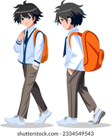 Cute schoolboys boys in full length half turn and in profile in anime style in school uniform with a backpack go to school Vector