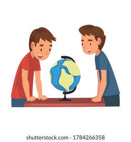 Cute Schoolboys at Geography Lesson, Boys Studying at Home, Homeschooling Cartoon Vector Illustration on White Background