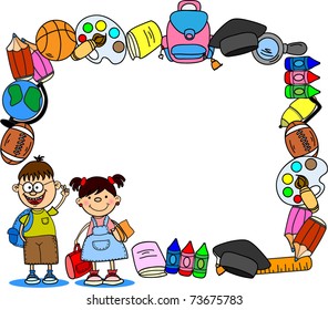 cute schoolboys and schoolgirls, School elements, frame