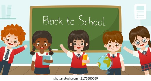 Cute schoolchildren in front of chalkboard with sign Back to school. Happy pupils in uniform.