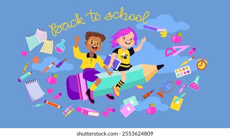 Cute schoolchildren ready to go back to school. A happy boy and girl fly sitting on a big pencil. Two cartoon kids. Students in the blue background with school stationery. Vector flat illustration.