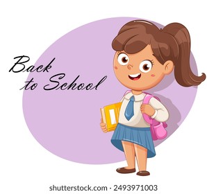 Cute schoolgirl with backpack. Cheerful girl cartoon character. September 1. 