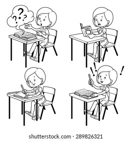 Cute schoolgirl behind a school desk. Vector illustration on a white background. Outline