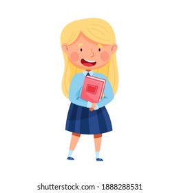 Cute Schoolgirl in Blue Uniform Holding Pupil Book Vector Illustration