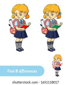 Cute schoolgirl with  book and  backpack. Find 8 differences. Educational game for children. Cartoon vector illustration.